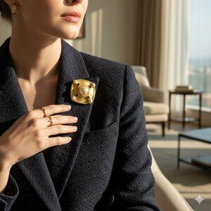 Vintage Unsigned Gold Tone Faux Pearl Rhinestone Brooch Pin Square Maltese Cross